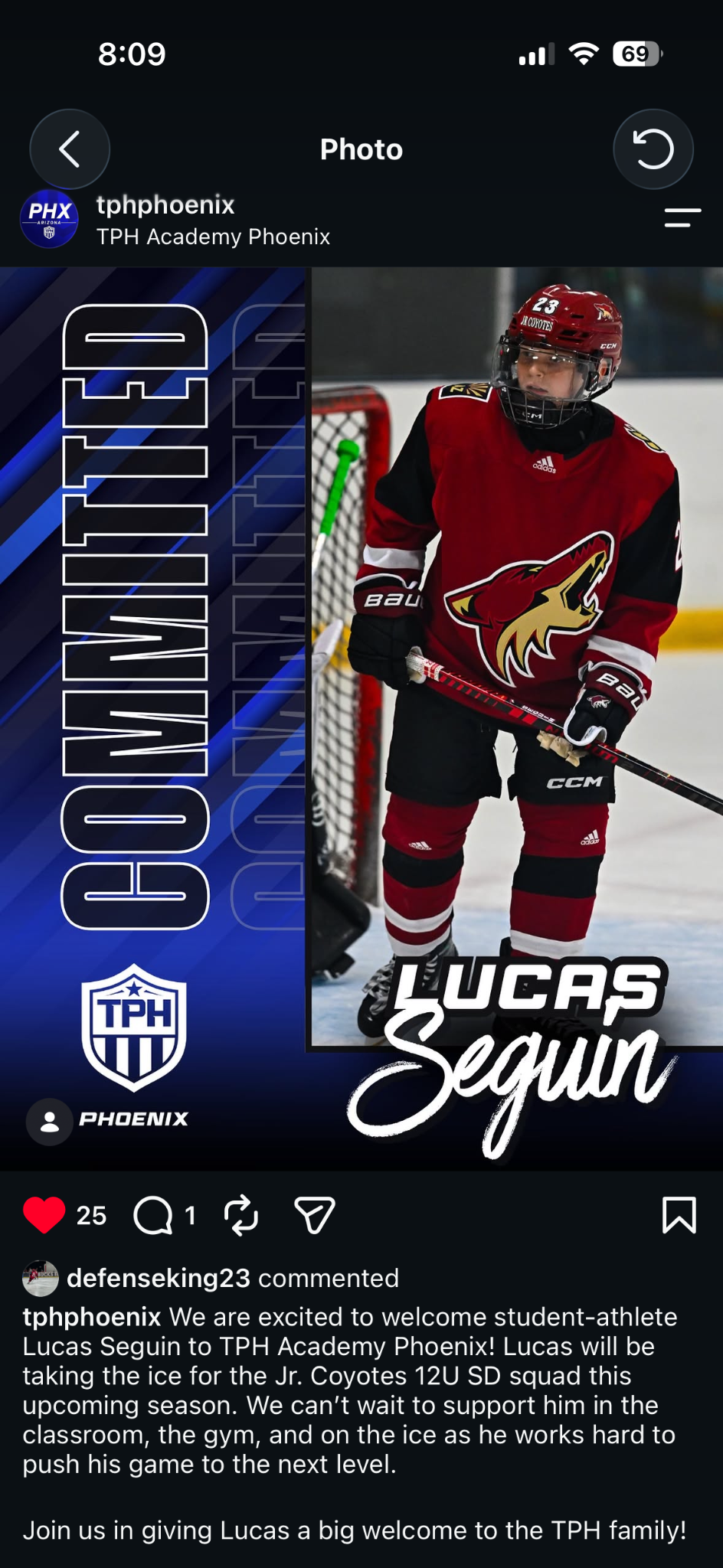 Lucas Seguin in his Jr Coyotes uniform